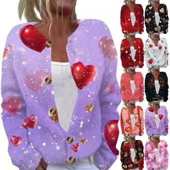 Женская мода День святого Валентина Сердце Принт Длинный рукав Вязаный кардиган Куртка на пуговицах L красный