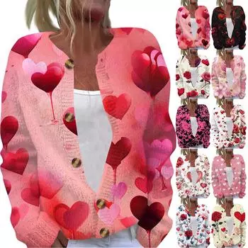 Женская мода День святого Валентина Сердце Принт Длинный рукав Вязаный кардиган Куртка на пуговицах S