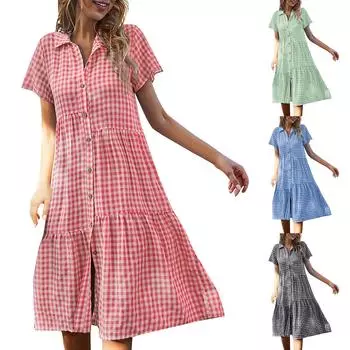 Женская мода Дизайн клетчатая классическая рубашка с воротником Повседневная юбка L чёрный