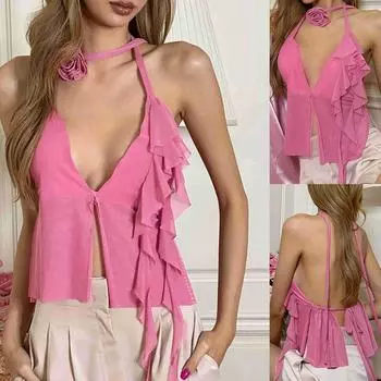 Женская мода Дизайн Sense Висячие шеи Сексуальная низкая грудь с открытой спиной Slim Fit Майки L розовый