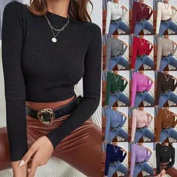 Женская мода Длинные рукава Пуловеры Свитера Твердые Slim Fit Рубчик Вязаные свитера Осень Зима Базовые нижние джемперы Свитер S розы красного