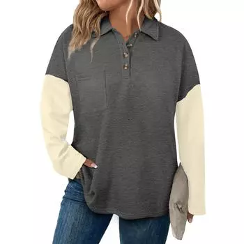 Женская мода Длинный рукав Большой размер Пуговица V-образный вырез Клетка Пэчворк Свободный свитшот Топ XXXXXL