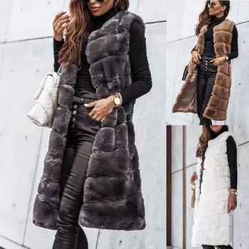 Женская мода Длинный сплошной цвет Теплый меховой жилет с круглым вырезом Куртка XL