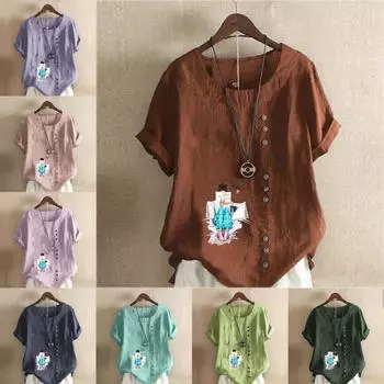 Женская мода для чтения, принтованная футболка с коротким рукавом, свободная хлопковая рубашка, повседневная свободная летняя блузка, топы больших размеров S розовый