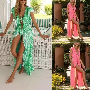 Женская мода для отдыха, летняя шифоновая рубашка с принтом, купальник, солнцезащитный крем XL зелёный