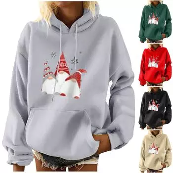 Женская мода для отдыха, рождественской вечеринки, пуловер с длинными рукавами и капюшоном с принтом, топ XXL чёрный