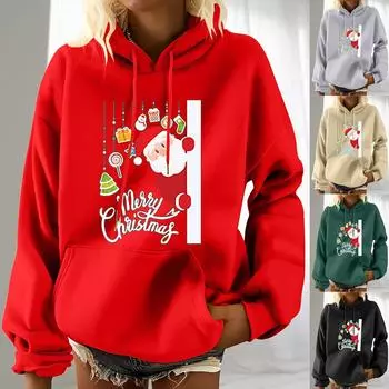 Женская мода для отдыха, рождественской вечеринки, пуловер с длинными рукавами и капюшоном с принтом, топ L красный