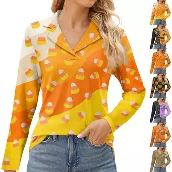 Женская мода для отдыха с длинным рукавом и V-образным вырезом с принтом на Хэллоуин XS
