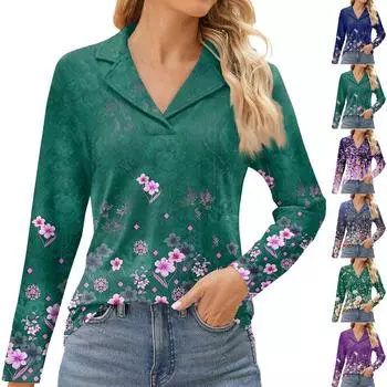 Женская мода для отдыха с длинным рукавом и V-образным вырезом с цветочным принтом L синий