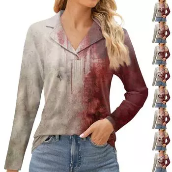 Женская мода для отдыха с длинным рукавом и V-образным вырезом с принтом на Хэллоуин S хаки