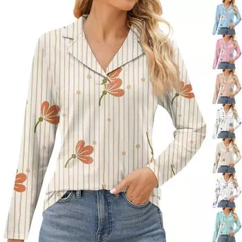 Женская мода для отдыха с длинным рукавом и V-образным вырезом с цветочным принтом XL бежевый