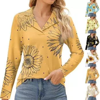 Женская мода для отдыха с длинным рукавом и V-образным вырезом с цветочным принтом XXXL бежевый