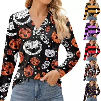 Женская мода для отдыха с длинным рукавом и V-образным вырезом с принтом на Хэллоуин M имбирный