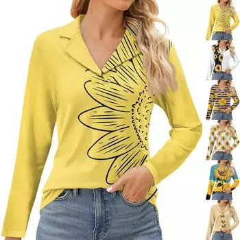 Женская мода для отдыха с длинным рукавом и V-образным вырезом с цветочным принтом L бежевый