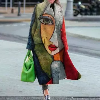 Женская мода для отдыха с длинными рукавами и лацканами, кардиган с принтом, пальто XXL серый