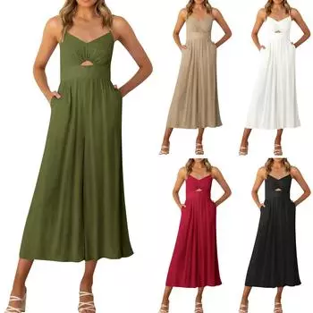 Женская мода для отдыха сплошной цвет без рукавов полый комбинезон на подтяжках S чёрный