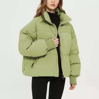 Женская мода для отдыха, сплошной цвет, длинный рукав, свободный воротник-стойка, пальто на молнии, хлопковый топ XS зелёный