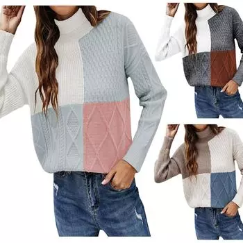 Женская мода для отдыха темперамент круглый вырез свободный контрактный лоскутный цветной свитер S синий
