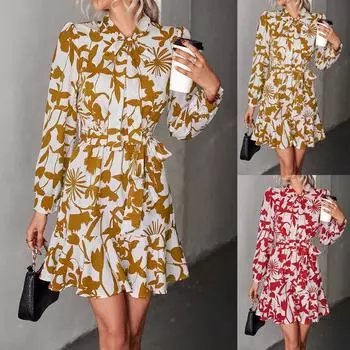 Женская мода для отдыха, темперамент, тонкое платье с длинными рукавами и лентой на талии L красный