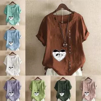 Женская мода для сна, детская футболка с круглым вырезом и коротким рукавом, повседневная хлопковая льняная рубашка с рисунком, свободная летняя блузка, топы S розовый