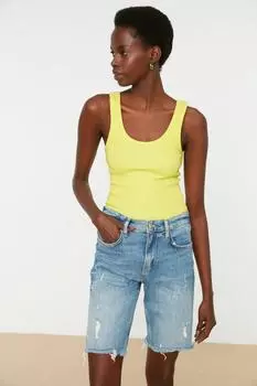 Женская мода для спортсменов с вырезом у бассейна без рукавов Желтый облегающий вырез у бассейна в рубчик Гибкий трикотаж для спортсменов