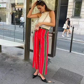 Женская мода Dopamine Полосатые длинные брюки с высокой талией и карманами Прямые брюки Контрастные цвета Шикарные уличные брюки M оранжевый