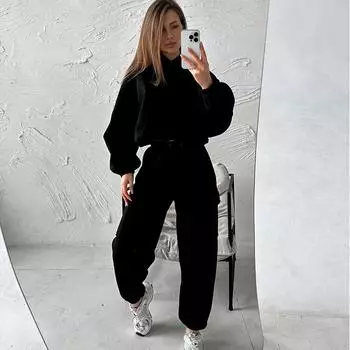 Женская мода досуг толстовки комплект толстовка с капюшоном карман длинный рукав толстовки эластичный пояс свободные спортивные брюки комплект из двух частей S синий