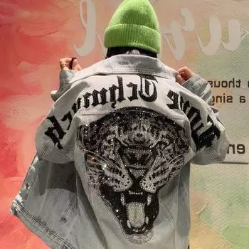 Женская мода Drilling Leopard Head Denim Coat Женские винтажные модные леопардовые джинсовые куртки Верхняя одежда Весна Осень XXL синий