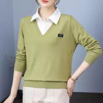 Женская мода два поддельных свитера женские осень зима свободные длинные рукава трикотажные нижние рубашки S чёрный