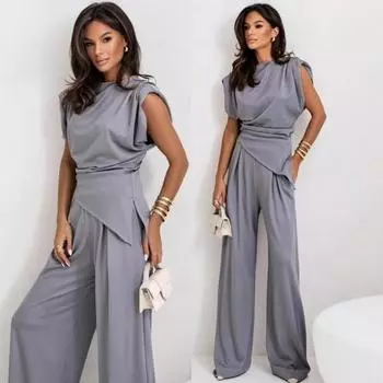 Женская мода двухкомпонентный наряд с открытыми плечами и нестандартным верхом, широкая штанина S хаки