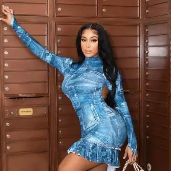 Женская мода джинсовый принт сексуальные нерегулярные платья с длинными рукавами S синий