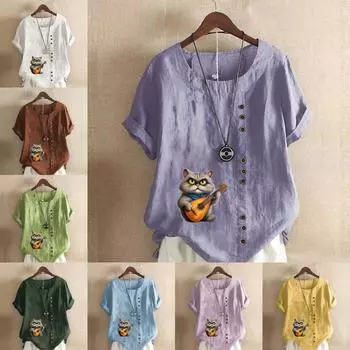 Женская мода Fat Cat Printed футболка с коротким рукавом свободная хлопковая рубашка повседневная свободная летняя блузка топы больших размеров S розовый