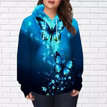 Женская мода Фиолетовый Hollow Butterfly Print Loose Hoodie Tops Блузка Толстовка Повседневный Длинный рукав Пуловер Топы XS синий