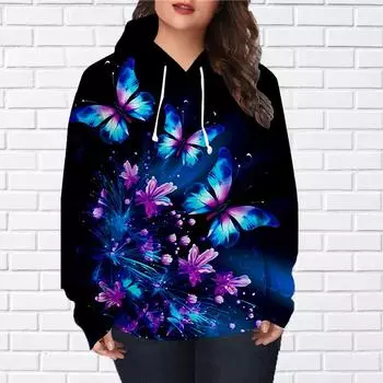 Женская мода Фиолетовый лотос Бабочка Принт Свободные толстовки с капюшоном Блузка Толстовка Повседневный длинный рукав Пуловер Топы XS розовый