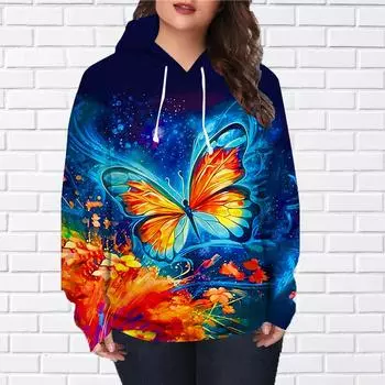 Женская мода Flame Butterfly Print Loose Hoodie Tops Блузка Толстовка Повседневный Длинный рукав Пуловер Топы XS красный