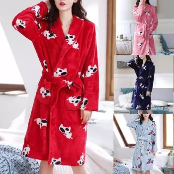 Женская мода фланель с цветочным принтом животных повязка карман теплая пижама ночная рубашка Free темно-синий