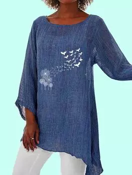 Женская мода Flroal Printed Top Plus Size Женская O Neck 3/4 Long Sleeve Top Весна & лето Loose Shirt S белый