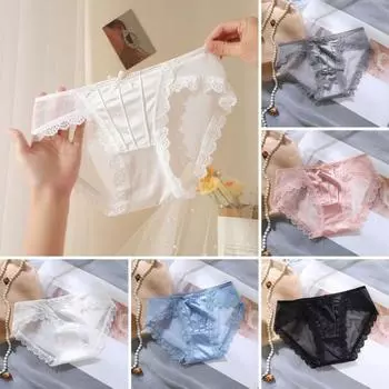 Женская мода, французская прозрачная сетчатая пряжа, сексуальные трусики, летние кружевные трусы с бантом, декор, трусы с низкой посадкой, ледяной шелк, удобное тонкое нижнее белье M белый