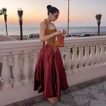 Женская мода французский сексуальный отпуск стиль халтер халтер халтер облегающее платье S коричневый