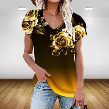 Женская мода, футболка с цветочным рисунком, эстетические растения, V-образный вырез, летние базовые топы, большой пуловер с 3d принтом, женская одежда M