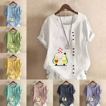 Женская мода, футболка с коротким рукавом и круглым вырезом, повседневная хлопково-льняная рубашка с рисунком, свободная свободная летняя блузка с принтом для пары авокадо, топы S розовый