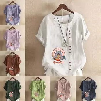 Женская мода, футболка с коротким рукавом и круглым вырезом, повседневная хлопково-льняная рубашка с рисунком, свободная летняя блузка с героями мультфильмов для отдыха, топы S розовый