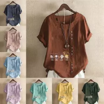 Женская мода, футболка с коротким рукавом и круглым вырезом, повседневная хлопково-льняная рубашка с рисунком, свободная летняя блузка с героями мультфильмов для отдыха, топы S розовый