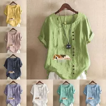 Женская мода футболка с коротким рукавом и круглым вырезом, повседневная хлопковая льняная рубашка с рисунком, свободная летняя блузка с принтом собаки, топы больших размеров S розовый