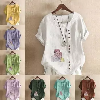 Женская мода, футболка с коротким рукавом и круглым вырезом, повседневная хлопково-льняная рубашка с рисунком, свободная летняя блузка с героями мультфильмов для отдыха, топы S розовый