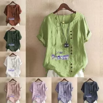 Женская мода, футболка с коротким рукавом и круглым вырезом, повседневная хлопково-льняная рубашка с рисунком, свободная летняя блузка с героями мультфильмов для отдыха, топы S розовый