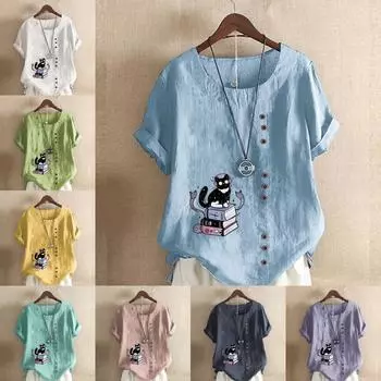 Женская мода, футболка с круглым вырезом и коротким рукавом с принтом «черный кот», повседневная хлопково-льняная рубашка с рисунком, свободная летняя блузка для отдыха, топы больших размеров S розовый