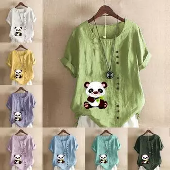Женская мода, футболка с круглым вырезом и коротким рукавом с милым принтом панды, повседневная хлопково-льняная рубашка с рисунком, свободная летняя блузка для отдыха, топы больших размеров S розовый