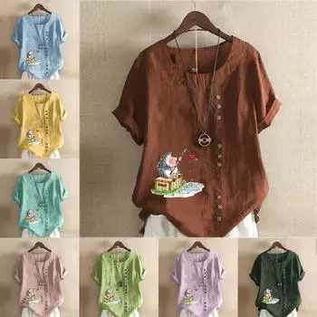 Женская мода, футболка с круглым вырезом и коротким рукавом с милым принтом в виде ежика, повседневная хлопково-льняная рубашка с рисунком, свободная летняя блузка для отдыха, топы больших размеров S розовый