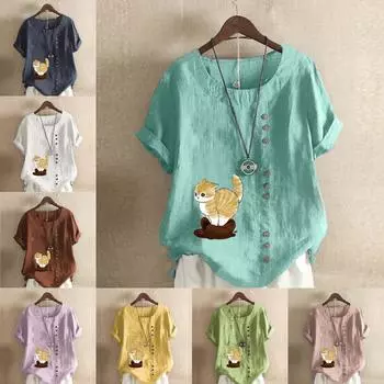 Женская мода, футболка с круглым вырезом и коротким рукавом с милым котом, повседневная хлопково-льняная рубашка с рисунком, свободная летняя блузка для отдыха, топы больших размеров S розовый